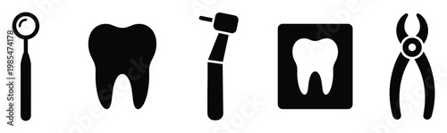 Professional dental care icons representing essential tools like mirror, drill, tooth, xray, and forceps, suitable for dentistry clinic branding, medical presentations, and educational