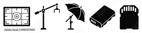 Essential photography equipment and camera accessory icons, featuring a viewfinder, boom arm, studio umbrella, battery, and memory card for various graphic design and media production