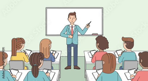 Male teacher standing in classroom.