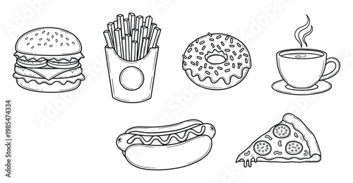 Hand drawn outline snack food graphics featuring hamburger, french fries, sweet donut, steaming coffee, tasty hot dog, and a pizza slice for menus and promotional items