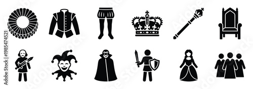 Collection of black silhouette icons representing historical royal attire, medieval characters, and theatre elements perfect for storytelling, educational materials, and period drama visuals