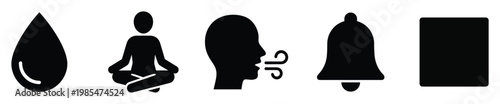 Modern black silhouette icons representing water, meditation, breathing, notification, and a simple square, ideal for web, mobile applications, and wellnessthemed interface designs.