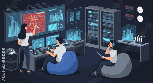 People working in a high-tech control room environment.