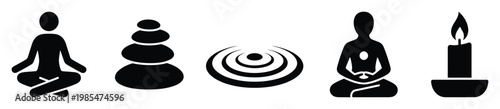 Minimalist spiritual wellness symbols with meditating human figures, balanced zen stones, serene energy ripples, and a tranquil burning candle, ideal for mindful living designs