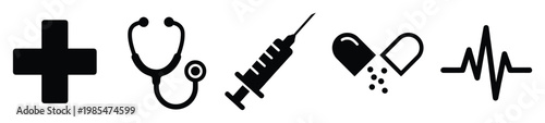 Medical healthcare symbols representing essential health services tools and concepts including stethoscope syringe pill and heart rate for health education and clinic branding