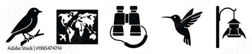 A versatile black silhouette icon collection illustrating bird watching essentials, including a perching bird, global migration map, binoculars, a hummingbird, and a bird feeder, perfect