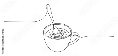 Minimalist continuous line drawing of a cup with a spoon stirring a beverage, perfect for cafe menus, beverage product branding, kitchen decor, or simple graphic design needs