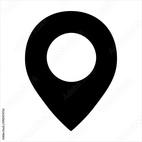 A simple black map pin icon with a white circle in the center, symbolizing location and navigation.