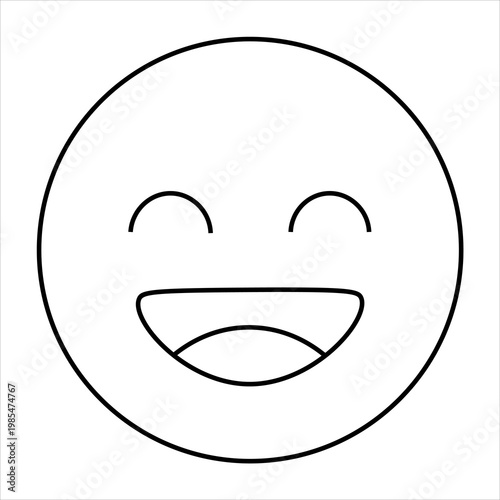 Simple black and white outline drawing of a happy laughing emoji face with closed eyes and an open mouth.
