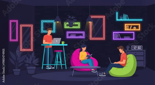 People working in a modern co-working space with neon lights.