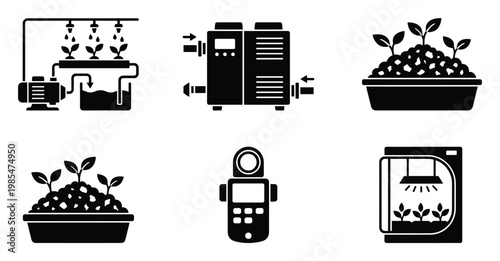 Essential plant cultivation icons depicting hydroponic systems, grow tents, water filters, and light meters for modern agricultural technology and sustainable farming presentations