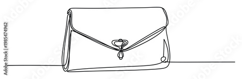 Elegant continuous line drawing of a stylish minimalist clutch handbag, perfect for modern fashion blogs, accessory promotions, and sleek lifestyle presentations
