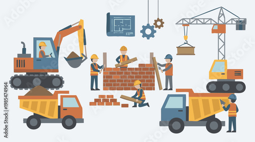 Construction site activities: workers, heavy machinery, building elements