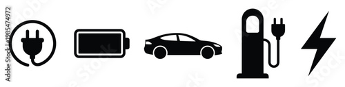 Comprehensive set of electric vehicle and energy icons featuring charging plug, battery indicator, modern car silhouette, and power lightning bolt for ecofriendly mobility solutions
