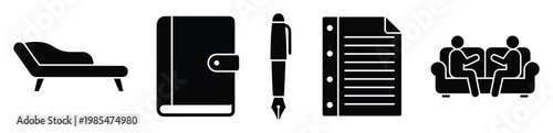 Counseling therapy icons featuring a client couch, private journal, writing pen, important notes, and a twoperson session, ideal for mental health and wellness promotions.