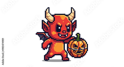 Pixel Art Cute Little Devil Holding Halloween Pumpkin.