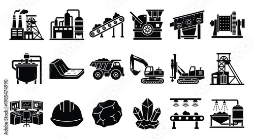Mining and mineral processing industry icons set showing various stages from extraction to refinement perfect for illustrating industrial projects and geological content