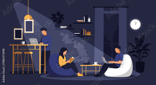 People working and studying in a cozy dimly lit room.
