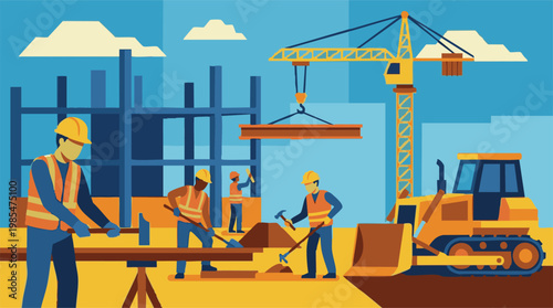 Building construction site with workers, crane, and heavy equipment