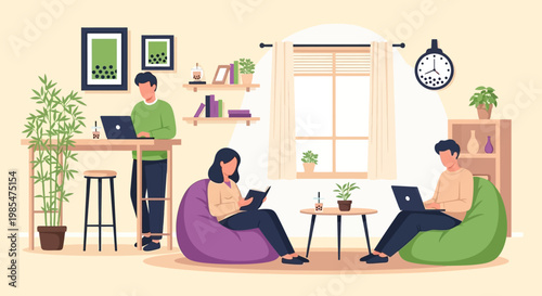 People working and studying in a cozy home environment.