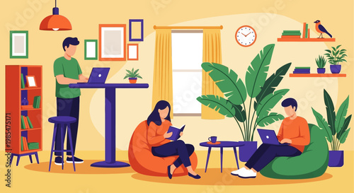 People working and studying in a cozy home environment.