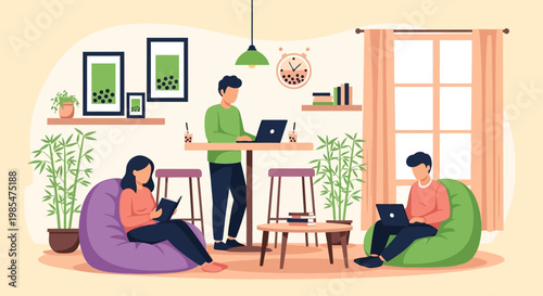 People working and studying in a cozy home environment.