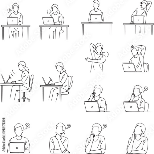 Diverse people working on laptops in office and home settings line art illustration
