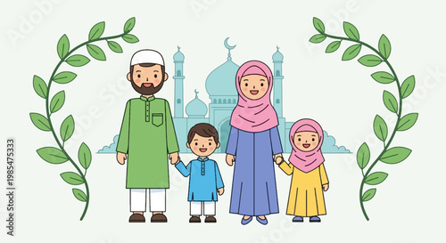 Muslim family in traditional clothing standing.