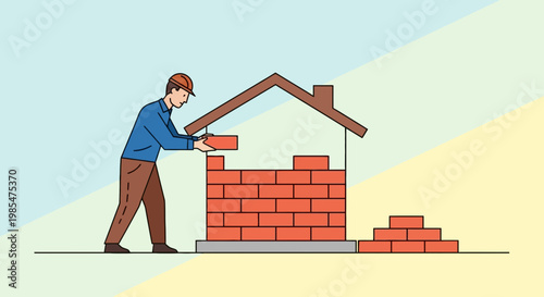 Man building brick house structure.