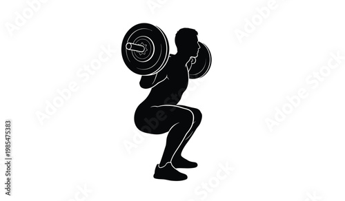 A stark black silhouette depicts a muscular athlete performing a barbell back squat showcasing strength and fitness silhouette high quality professional detailed modern elegant