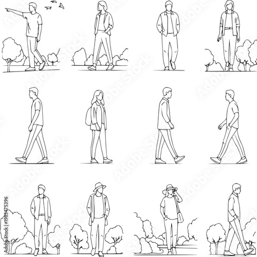 step-by-step dog training guide with man and pet in outdoor park setting line art illustration