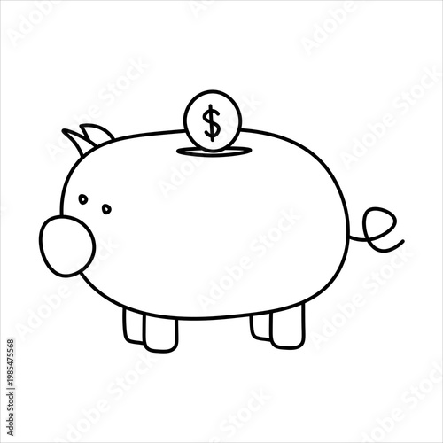 Simple black and white line drawing of a classic piggy bank with a dollar coin being inserted into its slot, symbolizing savings and financial planning.