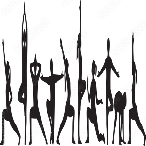 Silhouette of diverse people exercising and dancing in dynamic poses against white background