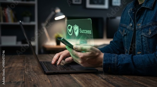 Man Using Laptop and Smartphone with Green Success Security Hologram, businessman