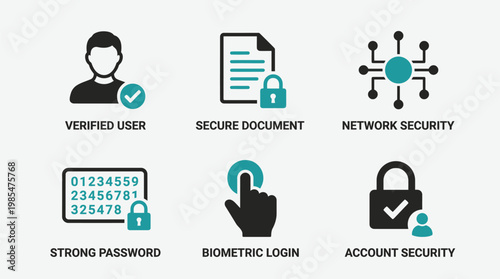 Secure login and network security icons, cybersecurity symbols, authentication vector EPS