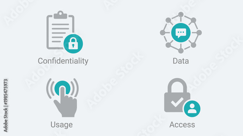 Data Security Icons Set, Flat Style, Blue and Grey, Confidentiality, Access, Usage, Cybersecurity Symbols for Web and App Design