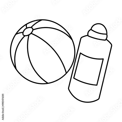 Line art drawing of a beach ball and a bottle, possibly sunscreen, for summer activities.