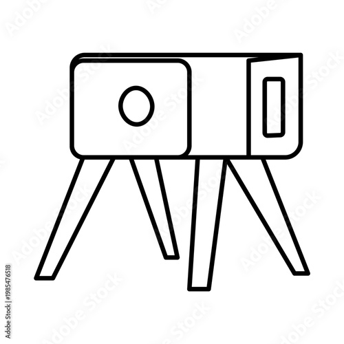 Line art illustration of a retro mid-century modern nightstand or small cabinet with splayed legs and a circular handle.