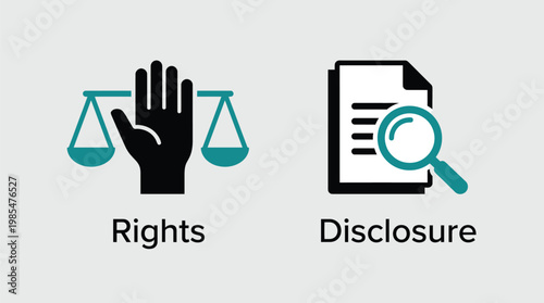 Law and justice icons, rights and disclosure symbols, legal concept, flat design, blue and black, for website or app