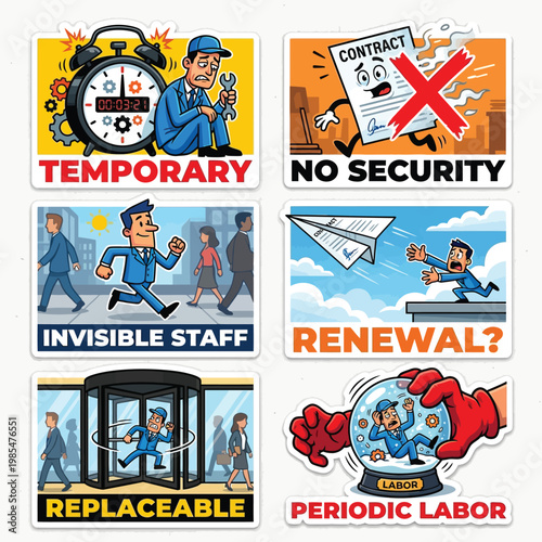 Labor Day Seasonal Worker Sticker Set High-Contrast Vector Illustration Style Depicting Contract Insecurity Job Stability Temporary Labor And Employment Rights Satire On White Backgrounds