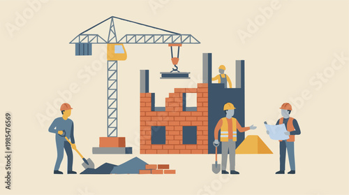 Construction site with workers, crane, and building under development