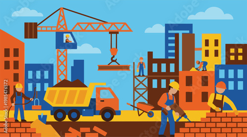 Construction site with workers, buildings, and heavy machinery in flat design