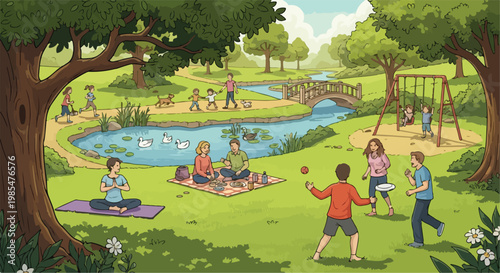 Cartoon Vector Illustration of People Enjoying Activities in a Green Park