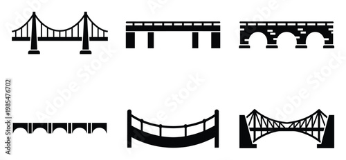 Collection of diverse bridge silhouettes in black and white, serving as versatile graphic elements for architectural design, transportation planning, and city navigation interfaces.