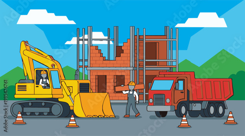 Construction site development with heavy machinery and workers illustration