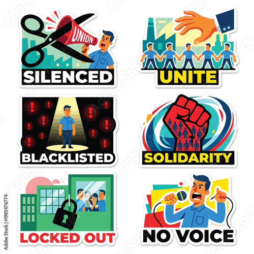 Labor Day Union Suppression Sticker Set High-Contrast Vector Illustration Style Depicting Silenced Workers Collective Bargaining Struggles And Right To Strike Satire On White Backgrounds