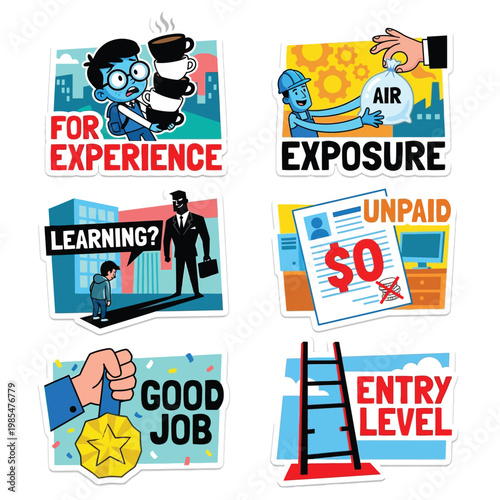Labor Day Unpaid Internship Sticker Set High-Contrast Vector Illustration Style Depicting Free Labor Exposure Myth Student Exploitation And Entry Level Job Satire On White Background Pack