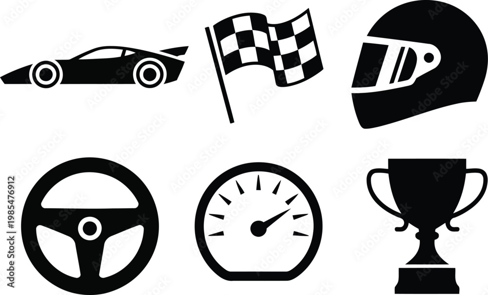 Naklejka premium Racing icons set car helmet flag and accessories in black silhouette