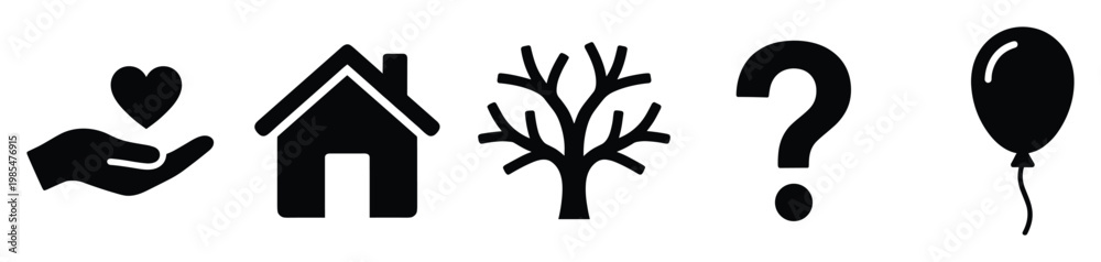 Fototapeta premium Conceptual black silhouette icons representing care, home, nature, inquiry, and celebration provide versatile visual metaphors for various communication needs