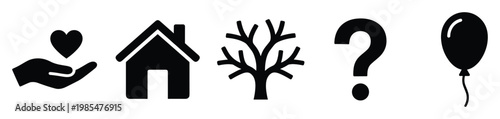 Conceptual black silhouette icons representing care, home, nature, inquiry, and celebration provide versatile visual metaphors for various communication needs
